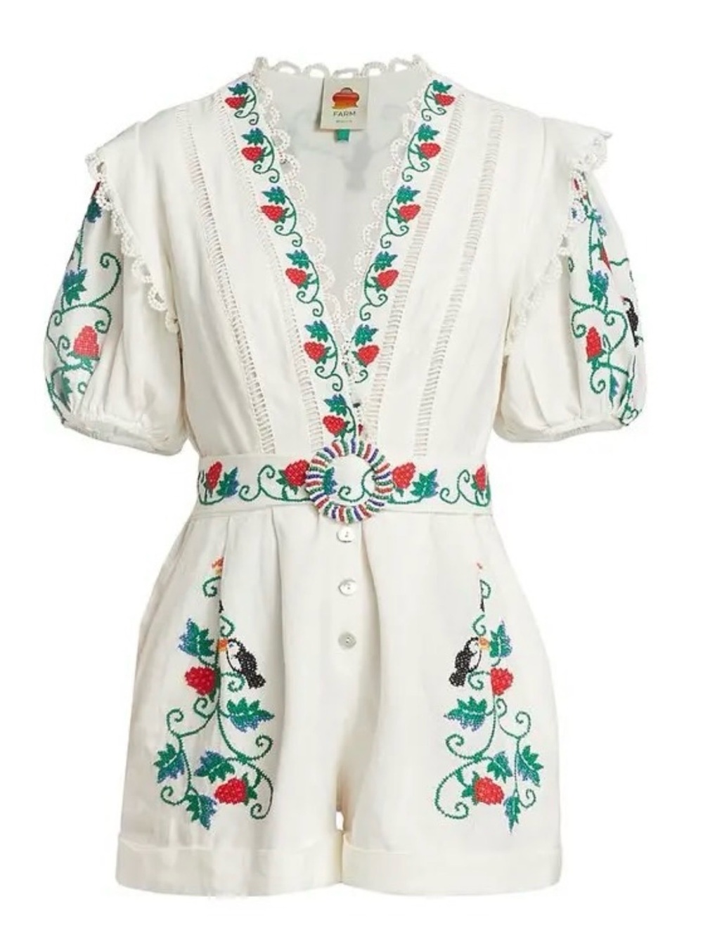 FARM Rio White Embroidered Puff-Sleeve Romper with Multicolor Floral Motif - Picture 2 of 3